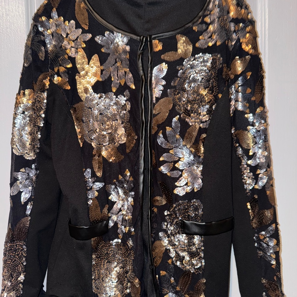 Joan Boyce Ponte Long Sleeve Black Gold Silver Sequin Jacket Size M